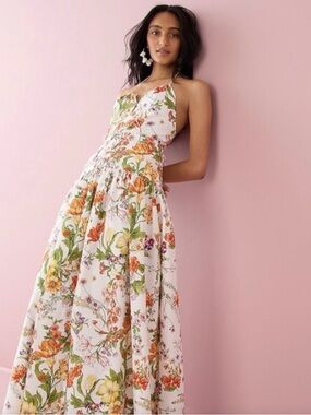 J.Crew Collection Anguilla Halter Ratti Floral White Cunched Waist Dress Size 0